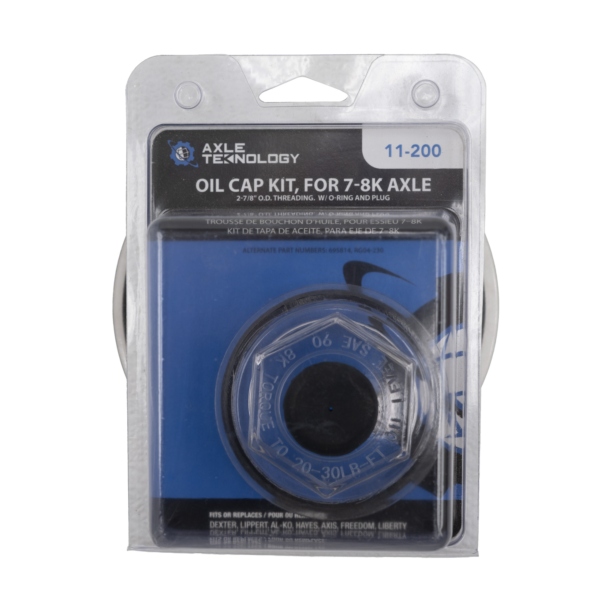 Genuine AxleTek Trailer Hub Cap Component | Oil cap 8K | 2-2/8" threads with rubber plug and rubber o-ring | 11-200