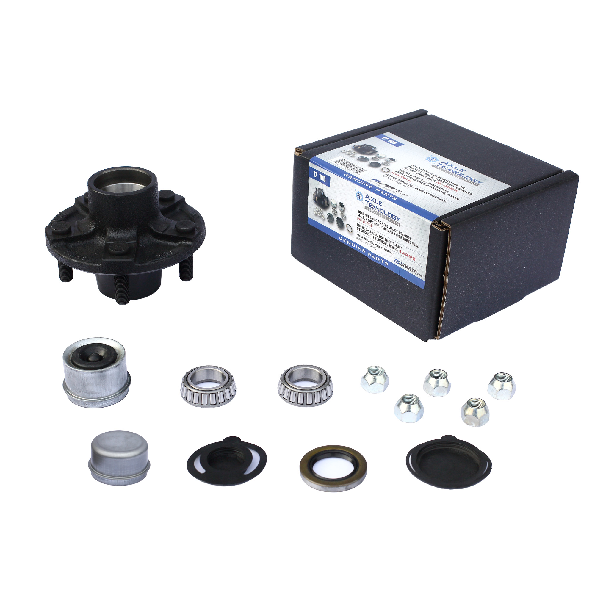 Genuine AxleTek 2,000 lb Idler Hub Kit - 5 on 4.50” Bolt Circle | 5-1/2” Flange | Pre-Greased