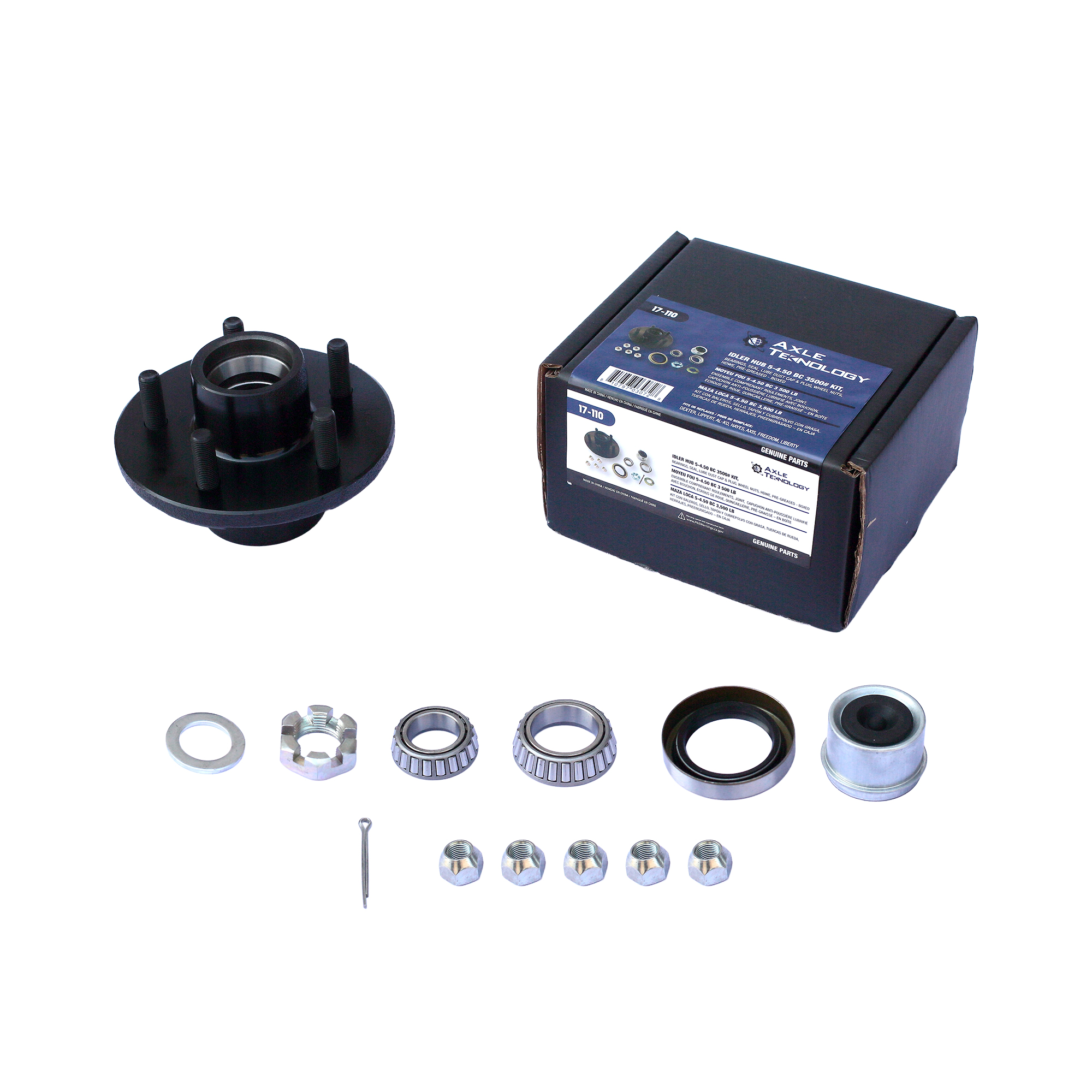 Genuine AxleTek Trailer Hub | Hub 3.5K | 5-4.50 Pre-Greased Kit | L44649 / L68149 Bearings | 17-110