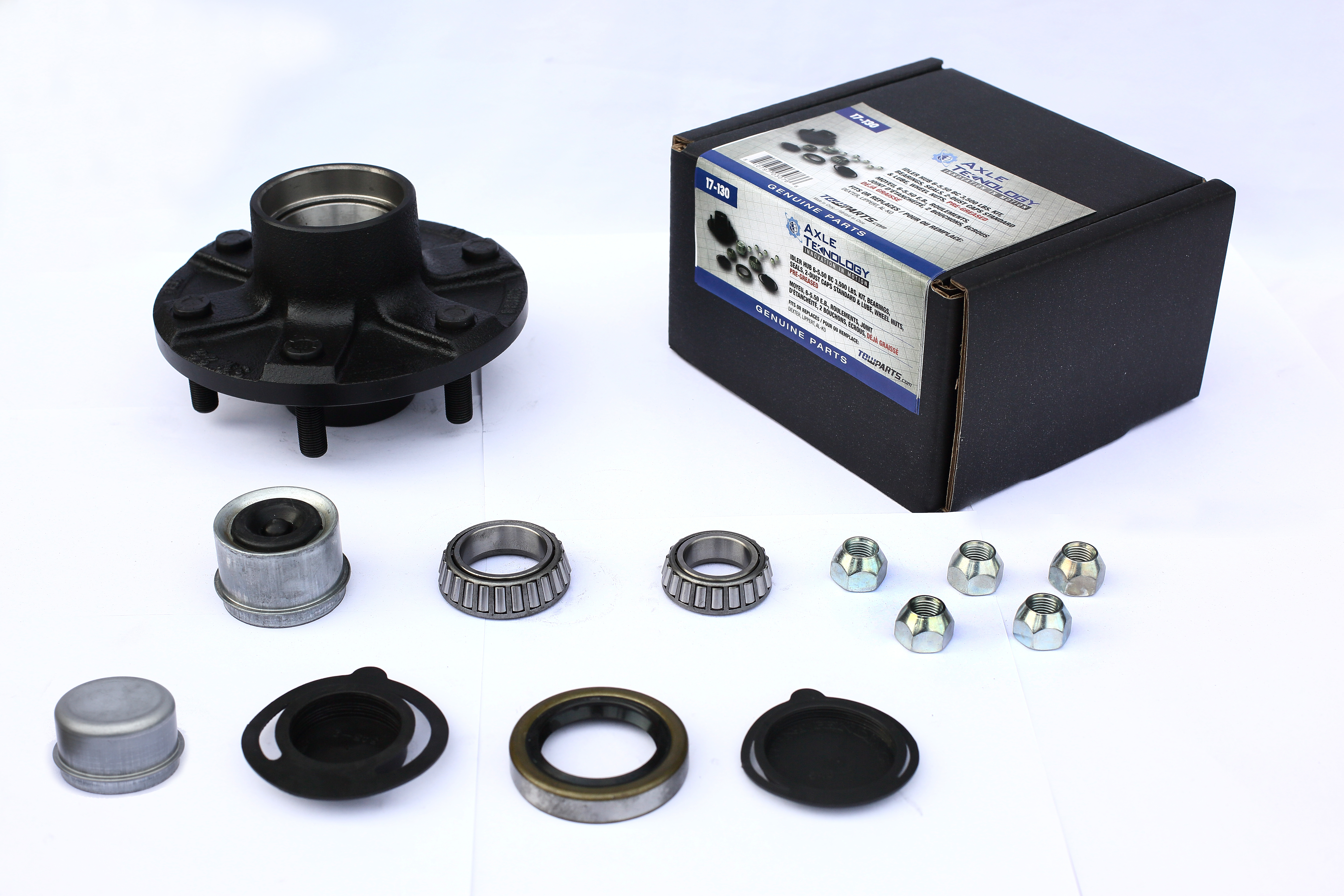 Genuine AxleTek Trailer Hub | Hub 3.5K | 6-5.0 Pre-Greased Kit | L44649 / L68149 Bearings | 17-130