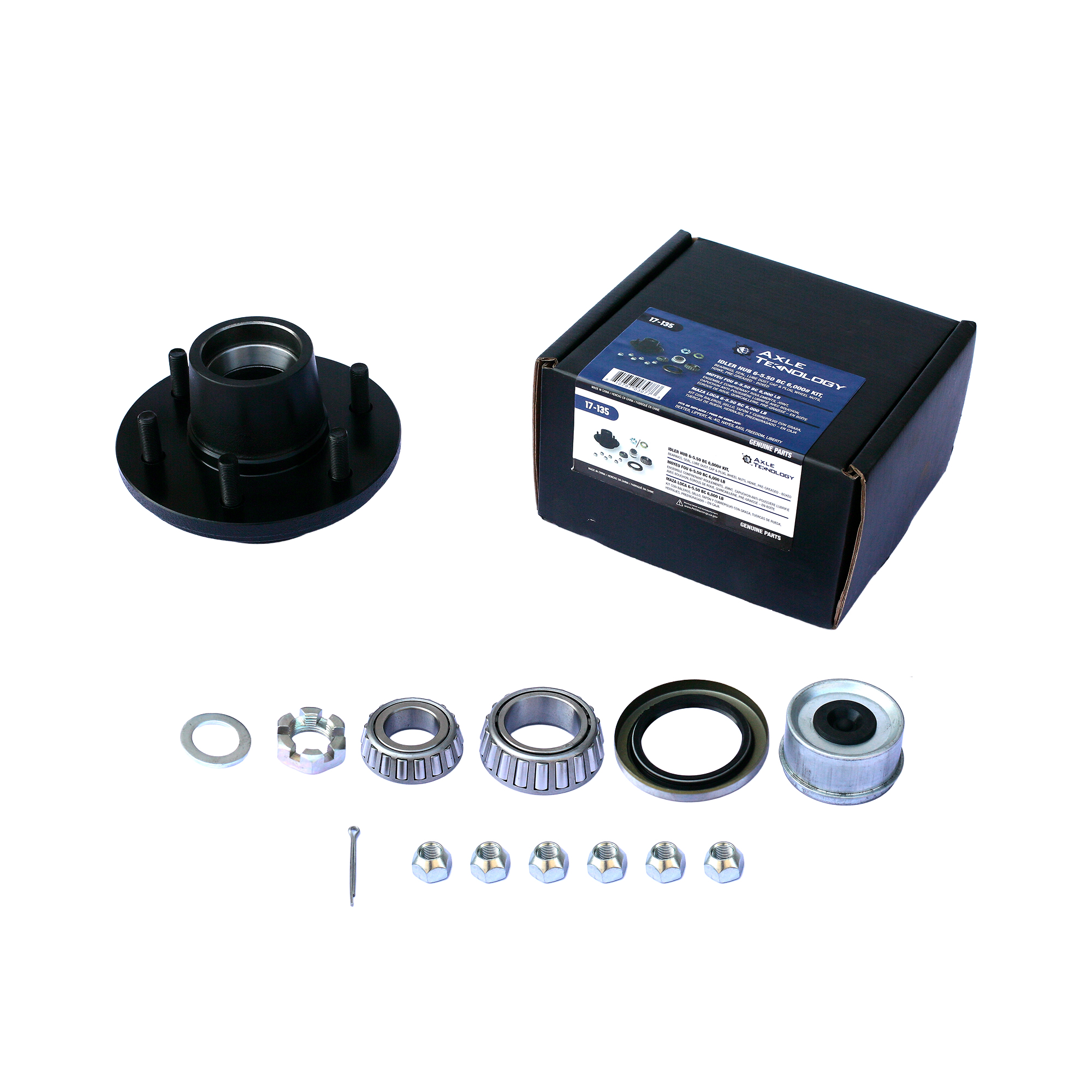 Genuine AxleTek Trailer Hub | Hub 6K | 6-5.50 Pre-Greased Kit | 15123 / 25580 Bearings | 17-135