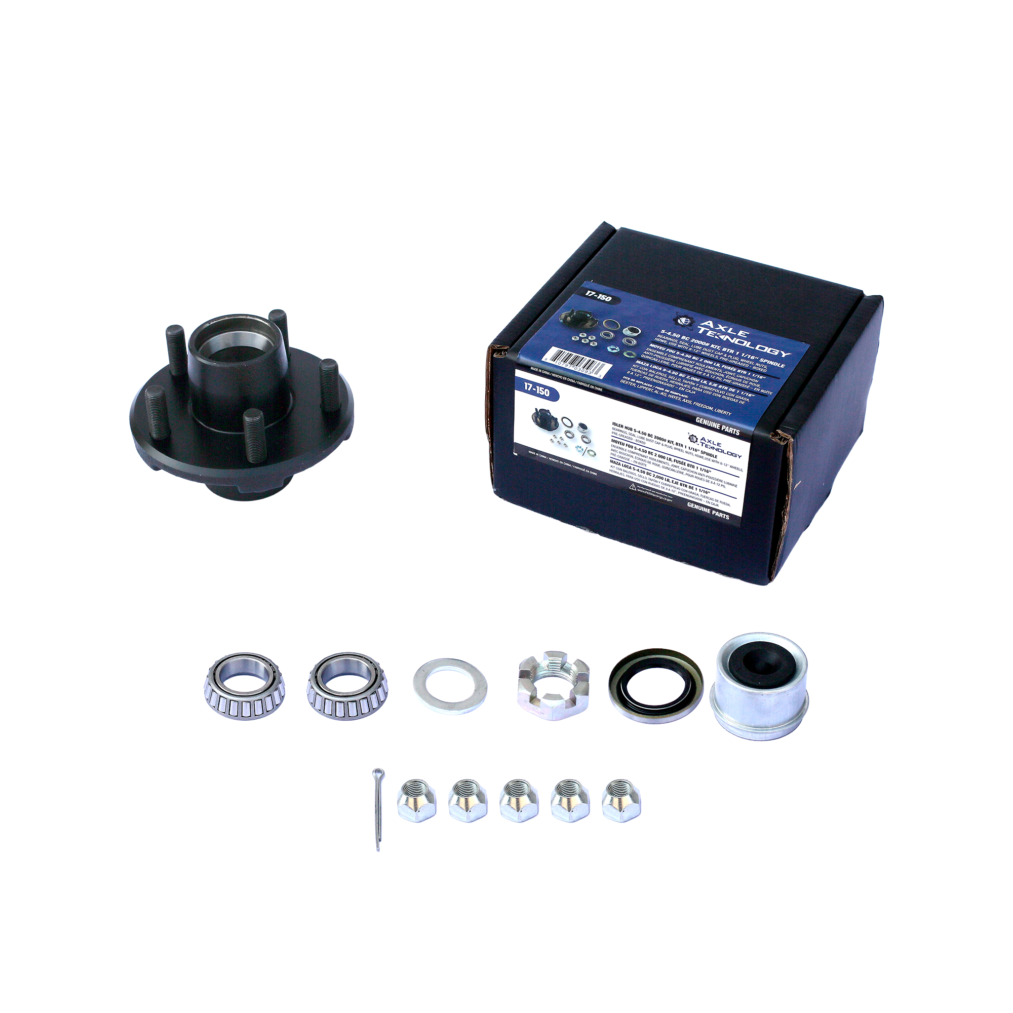 Genuine AxleTek Trailer Hub | Hub 2K | 5-4.50 Pre-Greased Kit | BTR 5-1/2" Flange | 17-150