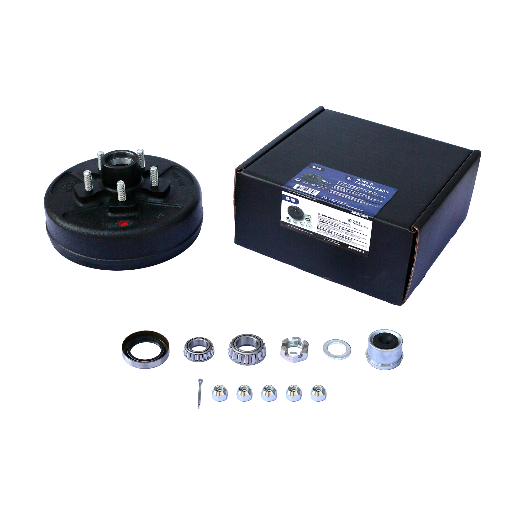 Genuine AxleTek Trailer Hub and Drum Assembly | Hub & DRUM 3.5K | 5-5.0 Pre-Greased Kit | L44649 / L68149 Bearings | 19-110