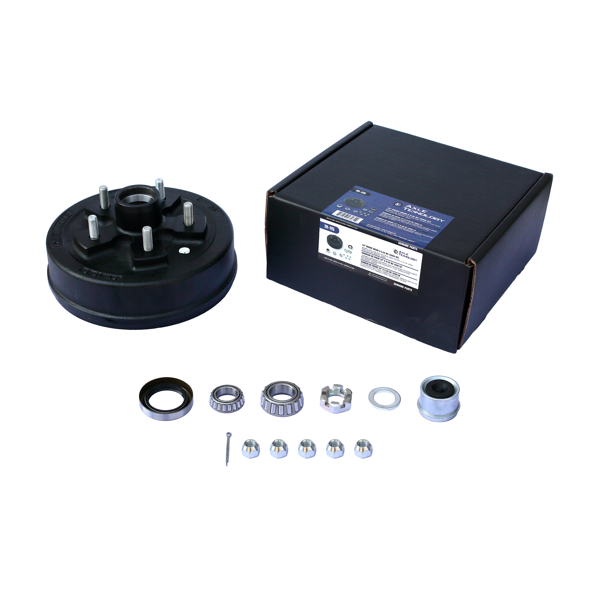 Genuine AxleTek Trailer Hub and Drum Assembly | Hub & DRUM 3.5K | 5-5.5 Pre-Greased Kit | L44649 / L68149 Bearings | 19-115