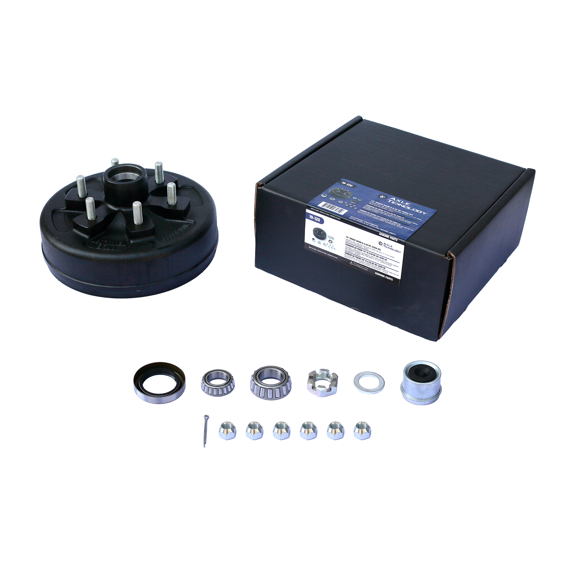Genuine AxleTek Trailer Hub and Drum Assembly | Hub & DRUM 3.5K | 6-5.0 Pre-Greased Kit | L44649 / L68149 Bearings | 19-120