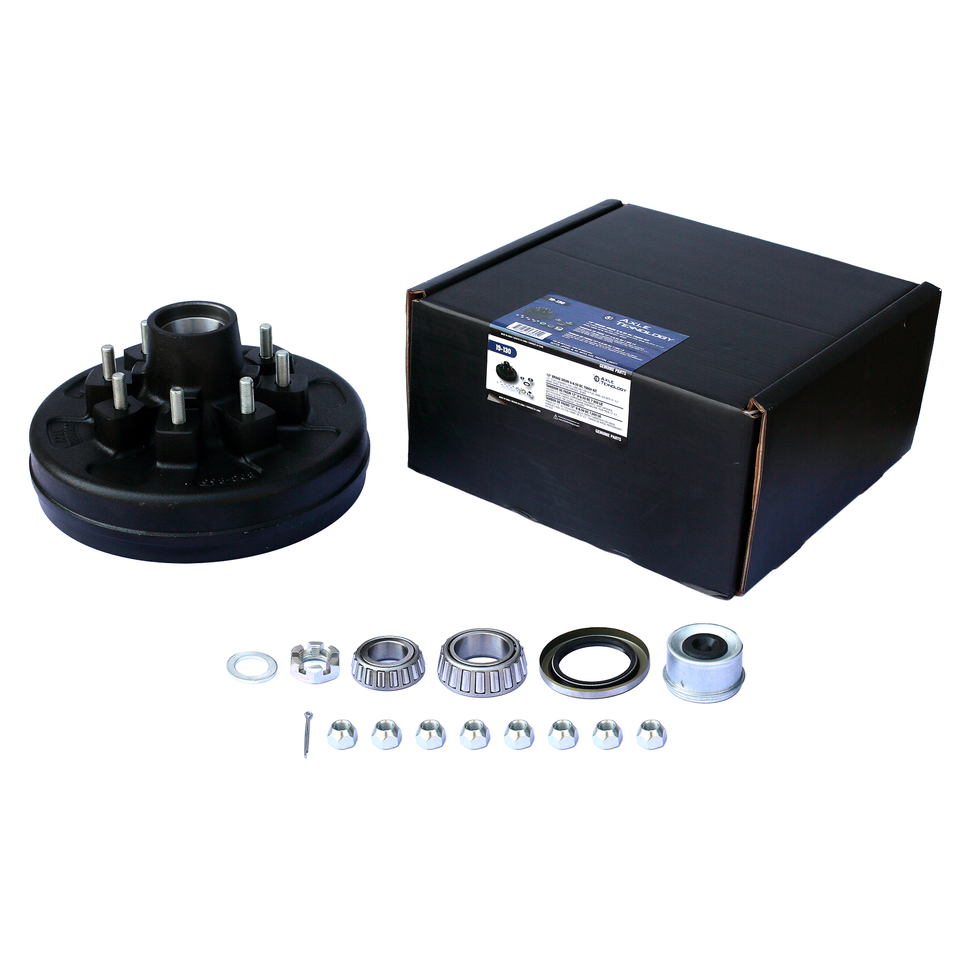 Genuine AxleTek Trailer Hub and Drum Assembly | Hub & DRUM 7K 8-6.50 | 1/2" Studs Pre-Greased Kit | 14125A / 25580 Bearings | 19-130