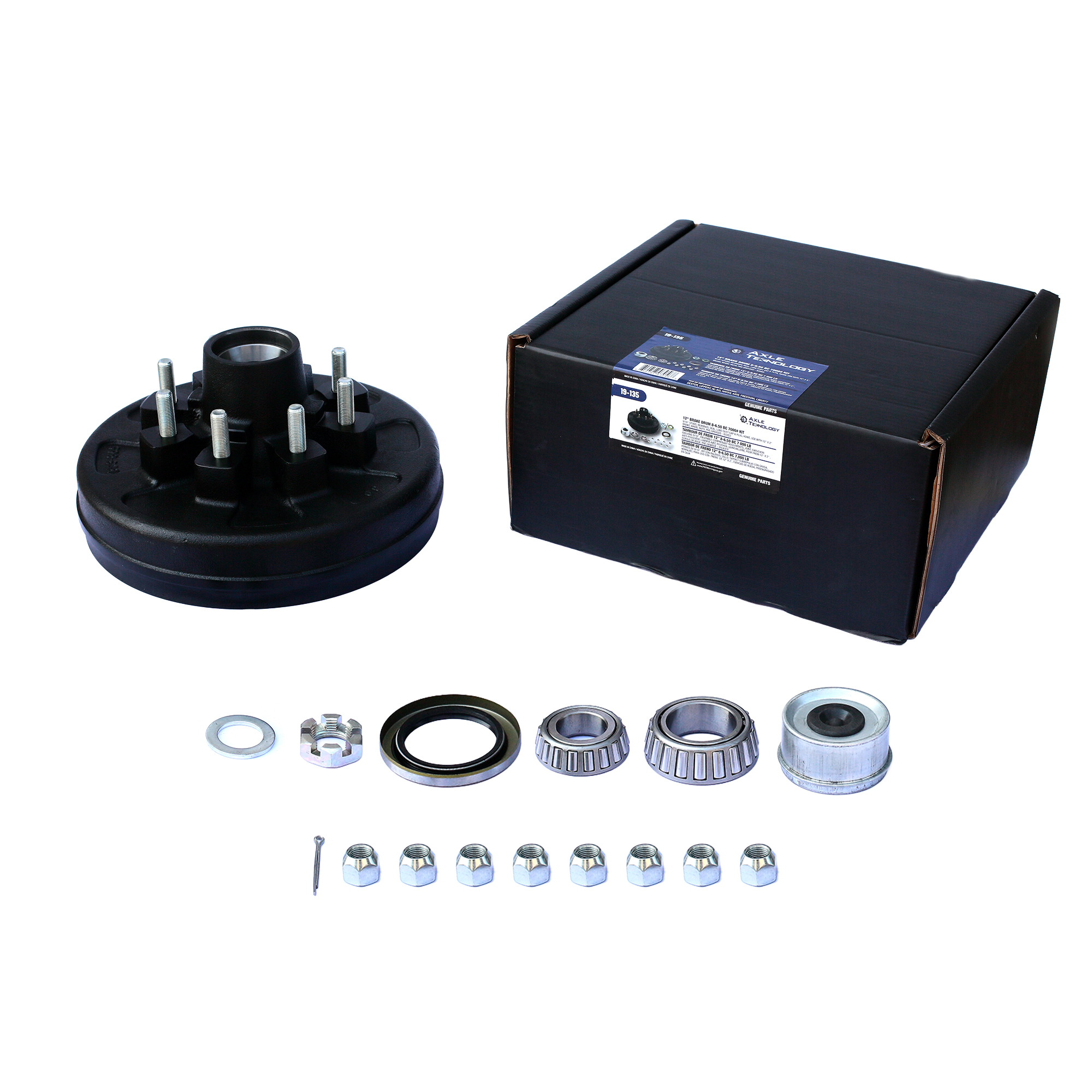 Genuine AxleTek Trailer Hub and Drum Assembly | Hub & DRUM 7K 8-6.50 | 9/16" Studs Pre-Greased Kit | 14125A / 25580 Bearings | 19-135