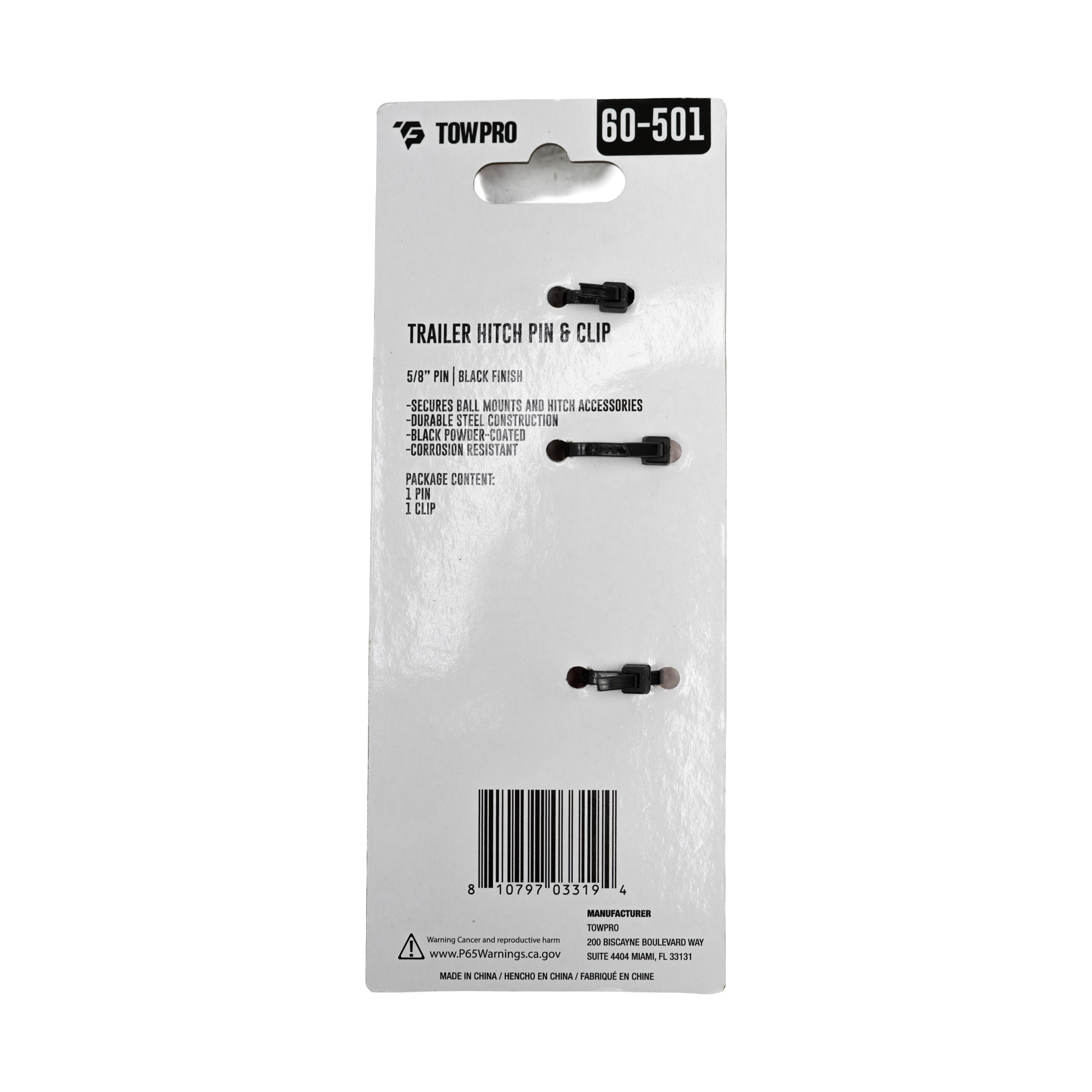 Trailer Hitch Component | Hitch Pin | 5/8" Pin and Clip for 2" Receiver - Black | 60-501
