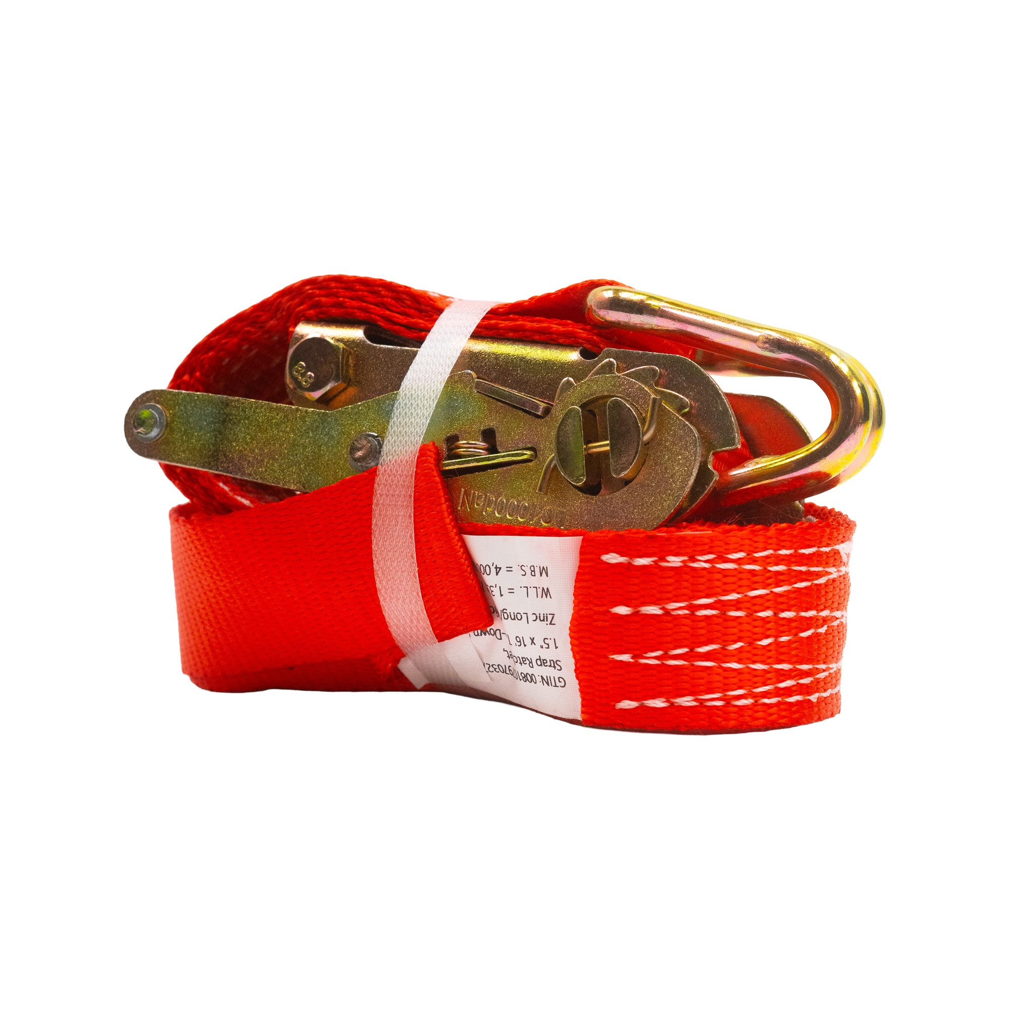 Trailer Cargo Control | 1.5" x 16' Ratchet Tie-Down Strap with J- Hooks. Zinc Long/Wide Metal Handle Ratchet. W.L.L. = 1,333 lbs | 80-095